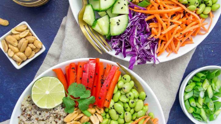 Asian Quinoa Bowl Peanut Dressing Cooking On The Front Burner