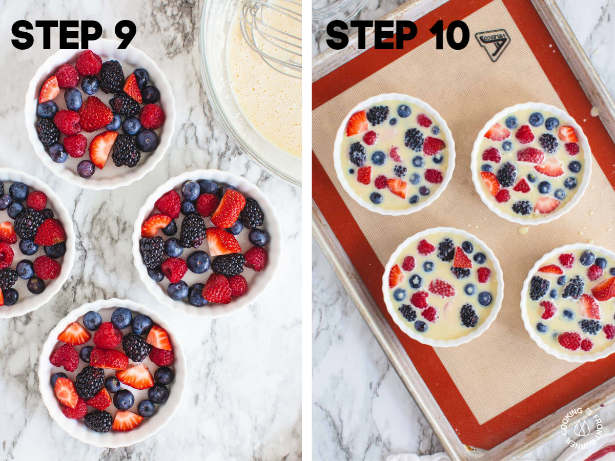 placing berries in ramekins and pouring batter over them