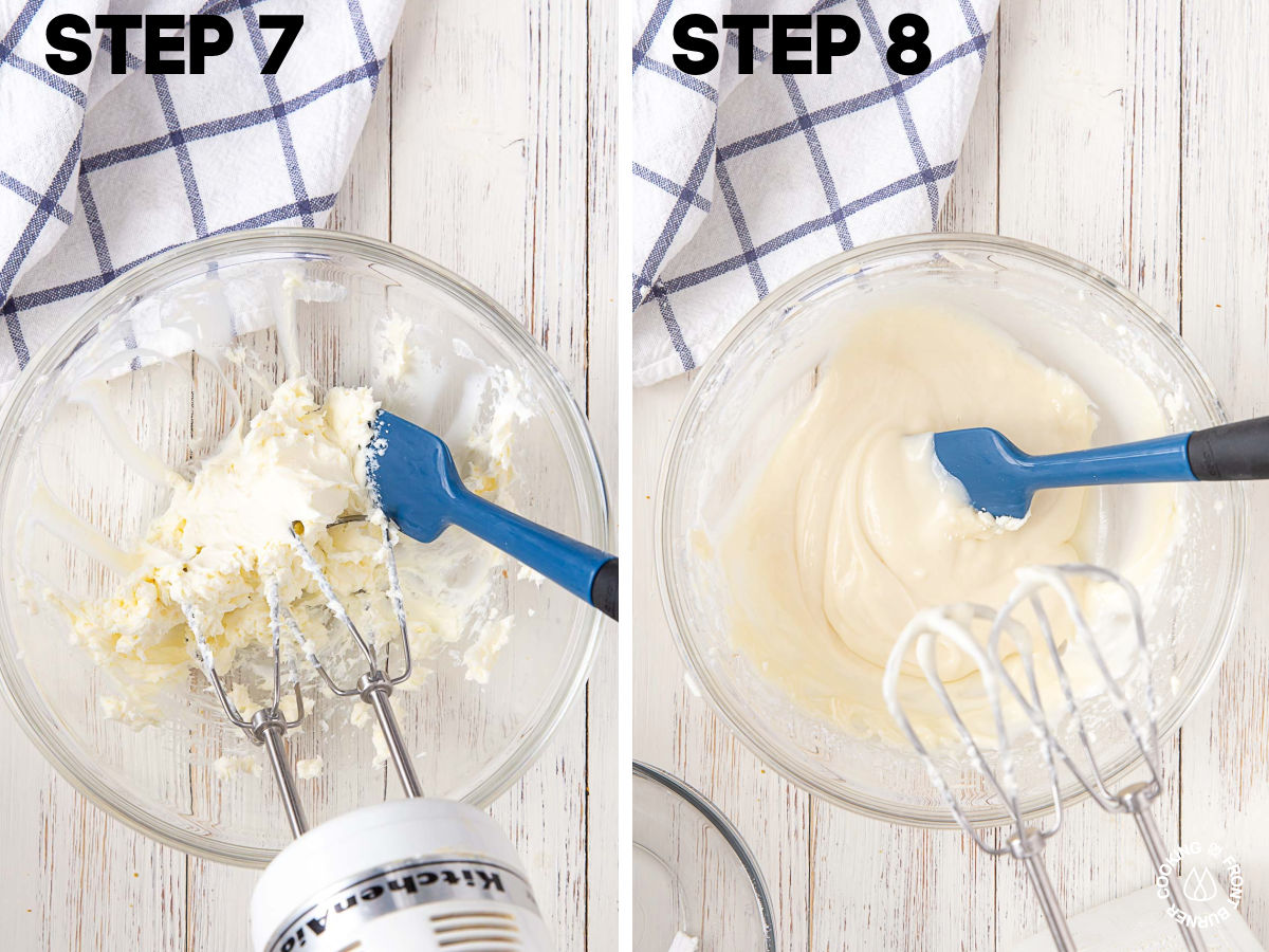 using a hand mixer to combine powsdered sugar, cream cheese, maple syrup